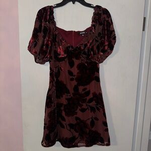 Missguided red velvet puff sleeve floral dress